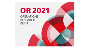 Logo Operations Research 2021 Bern, links oben: rote und graue Schrift, rechts und darunter runde Symbole in rot und dunkelgrau auf hellgrauem Grund