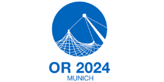 Logo Operations Research 2024 München Logo Operations Research 2024 Munich, blue circle with white grid above, blue lettering on white background below